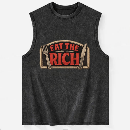 EAT THE RICH - fork and knife with text in red and silver , class war - Vintage Washed Tank - Black