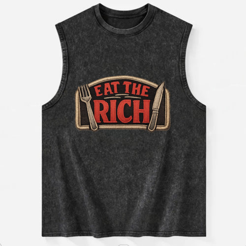 EAT THE RICH - fork and knife with text in red and silver , class war - Vintage Washed Tank