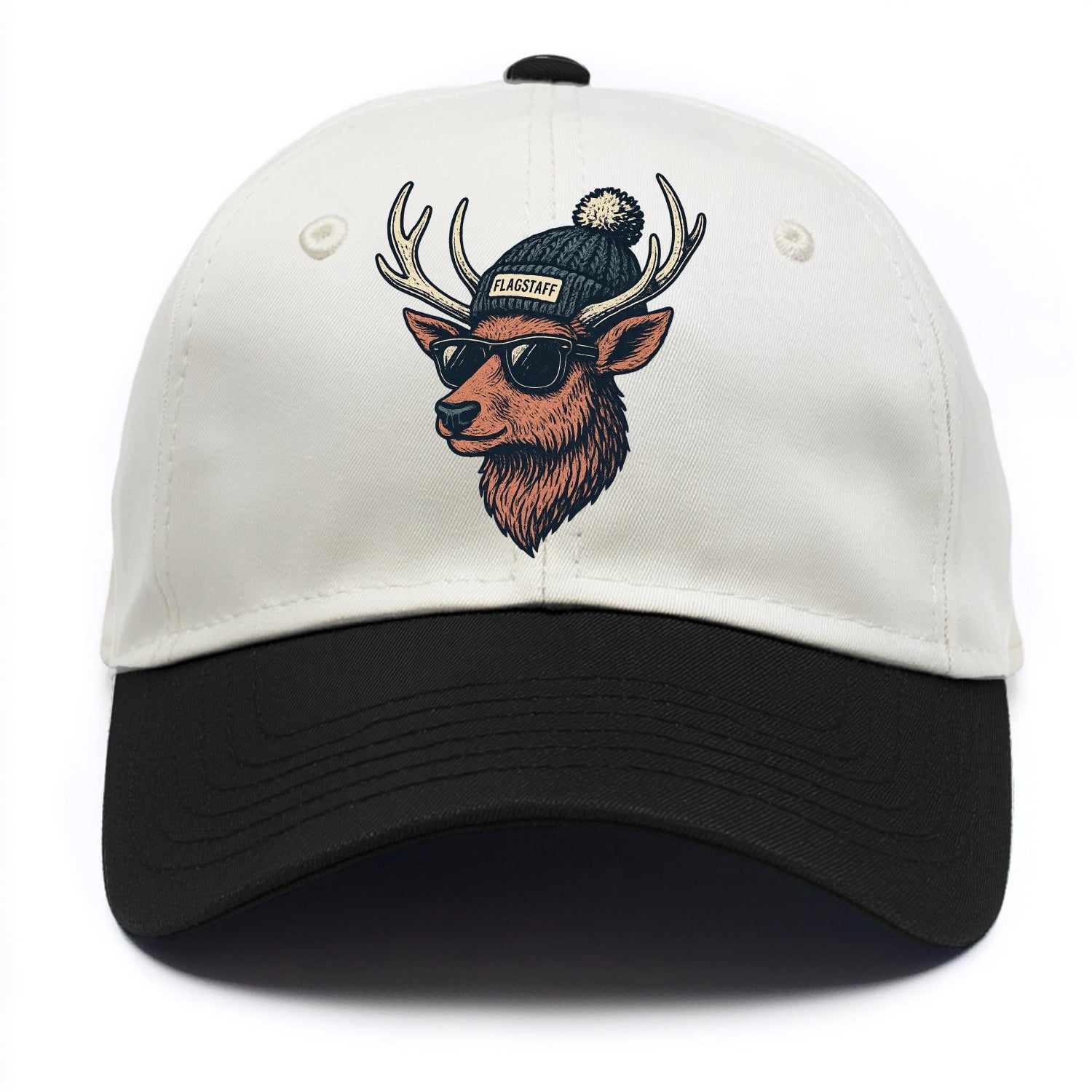 Flagstaff Elk wearing Flagstaff beanie with pom pom and wayfarer sunglasses - Two Tone Cap - Black