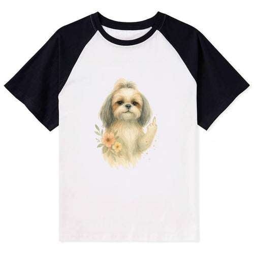 Shih Tzu with long flowing silky hair, tiny paw showing attitude - Contrast Raglan T-shirt