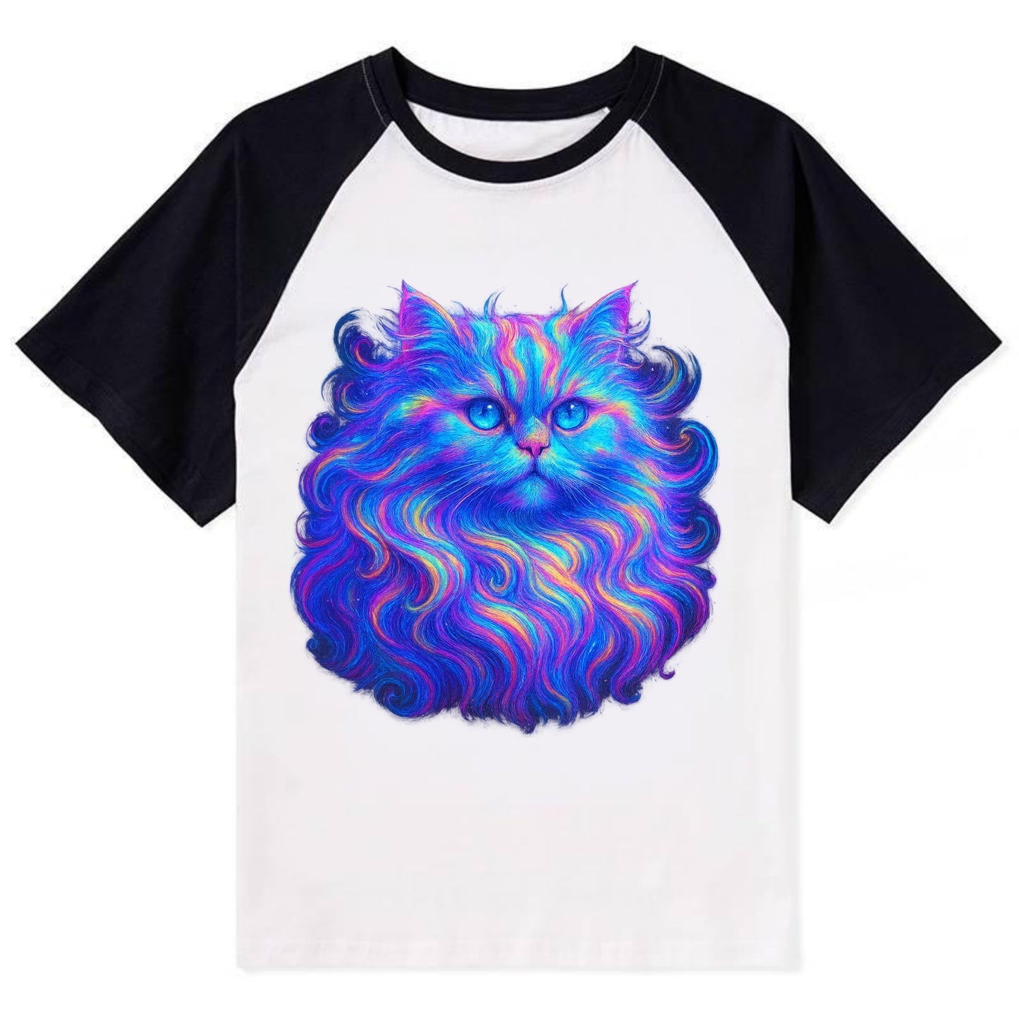Luxurious Persian cat with flowing fur that refracts into rainbow prisms, - Contrast Raglan T-shirt - Black