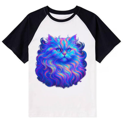Luxurious Persian cat with flowing fur that refracts into rainbow prisms, - Contrast Raglan T-shirt - Black