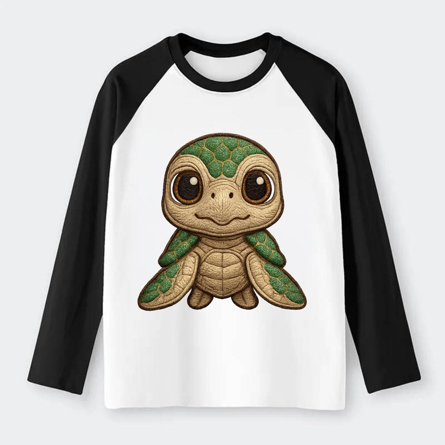 Baby Green Sea Turtle - emerald shell, large innocent brown eyes, tiny - Raglan Long Sleeve T-Shirt - Black