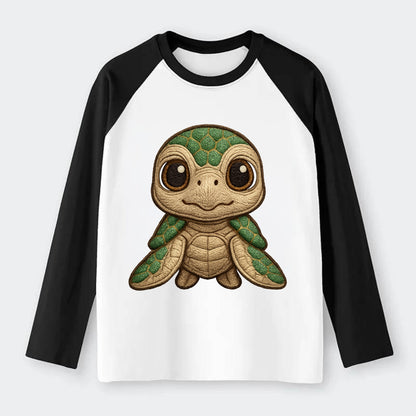 Baby Green Sea Turtle - emerald shell, large innocent brown eyes, tiny - Raglan Long Sleeve T-Shirt - Black