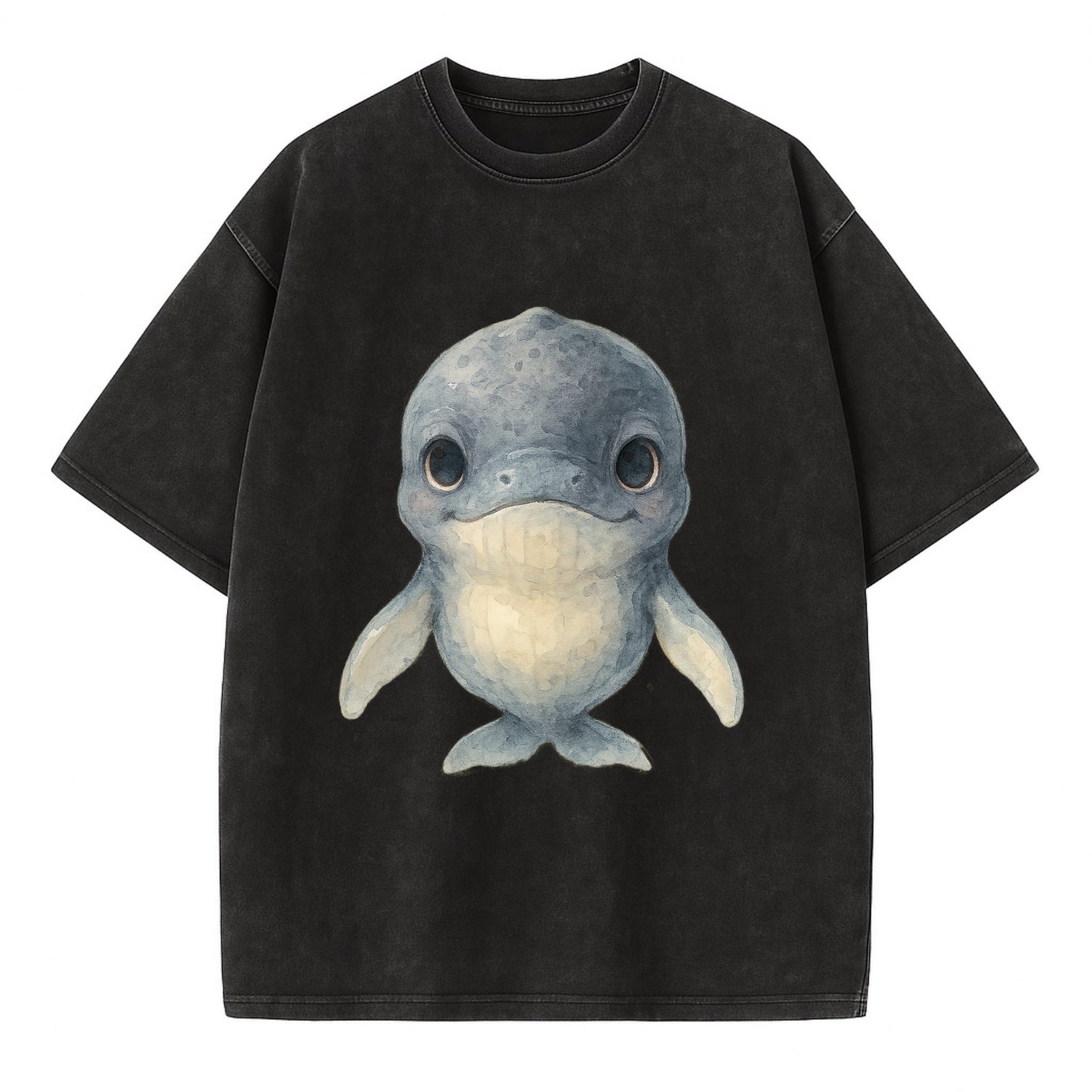 Baby Humpback Whale - dark gray with white flippers, large gentle eyes, - Vintage T-shirt - Black