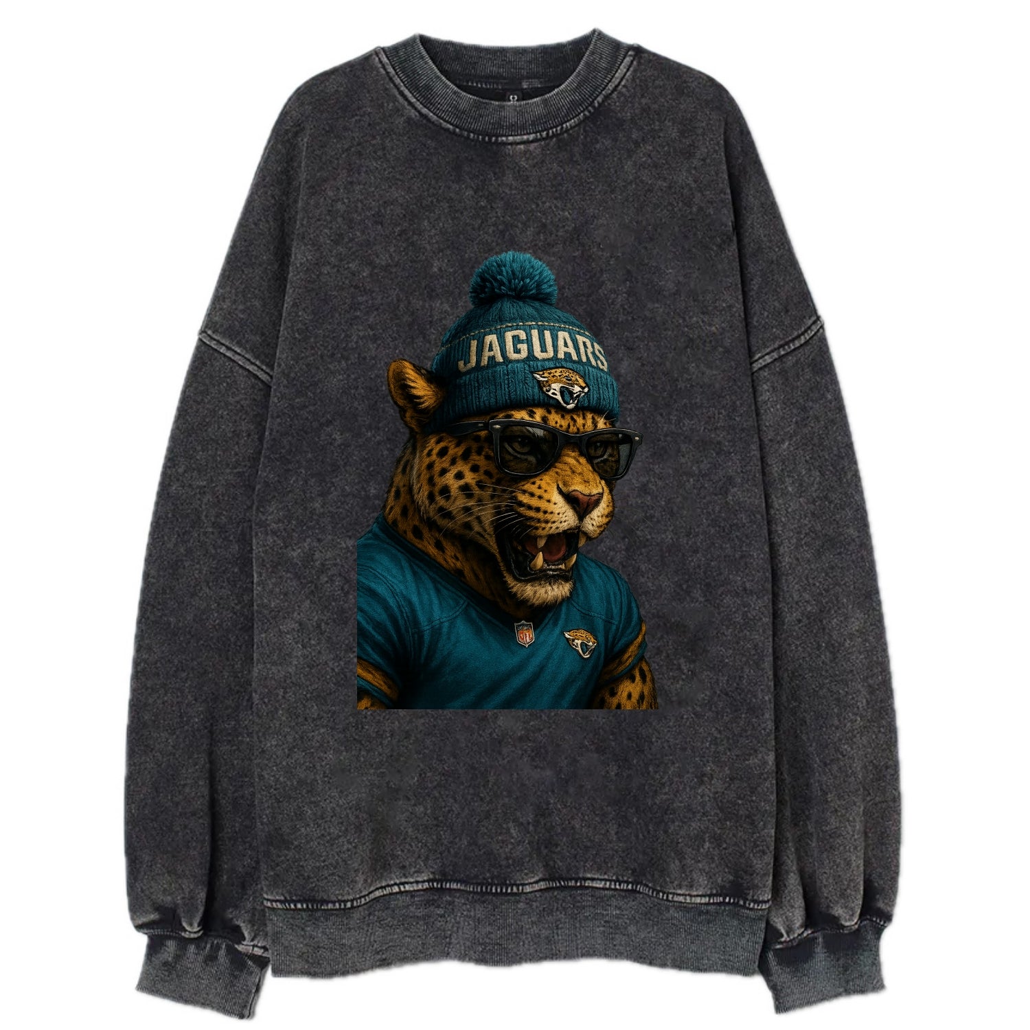 Jacksonville Jaguar wearing Jaguars teal and gold beanie with pom pom and - Vintage Sweatshirt - Black