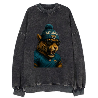 Jacksonville Jaguar wearing Jaguars teal and gold beanie with pom pom and - Vintage Sweatshirt - Black