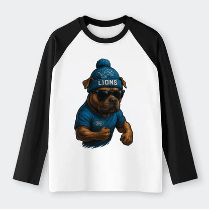 Detroit Pitbull wearing Lions beanie with auto patch and wayfarer - Raglan Long Sleeve T-Shirt - Black