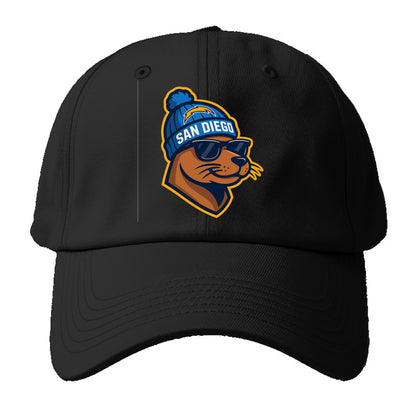 San Diego Sea Lion wearing Chargers beanie with bolt patch and - Baseball Cap For Big Heads - Black