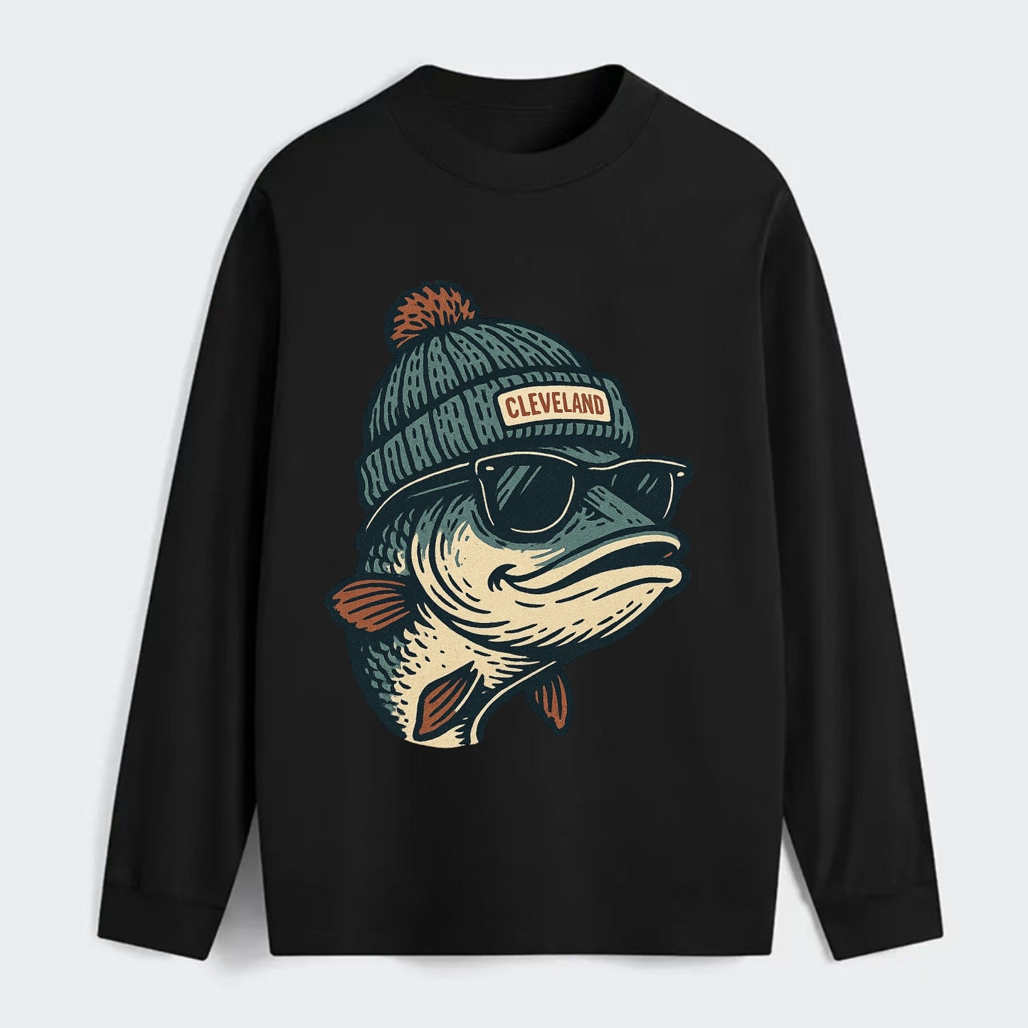 Cleveland Lake Erie Walleye wearing Cleveland beanie with pom pom and - Classic Long Sleeve Shirt - Black