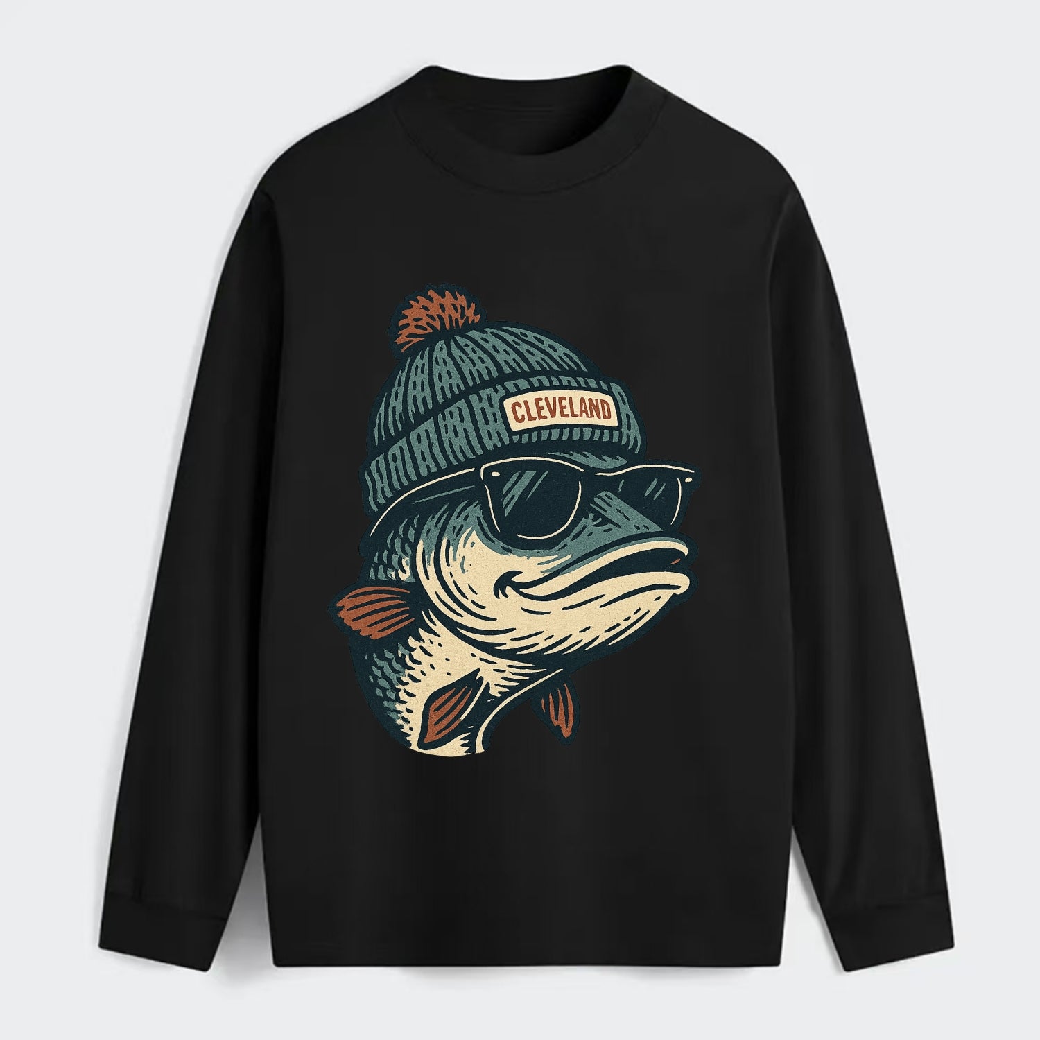 Cleveland Lake Erie Walleye wearing Cleveland beanie with pom pom and - Classic Long Sleeve Shirt - Black