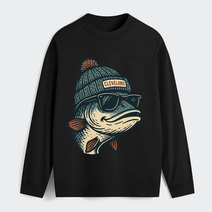 Cleveland Lake Erie Walleye wearing Cleveland beanie with pom pom and - Classic Long Sleeve Shirt - Black