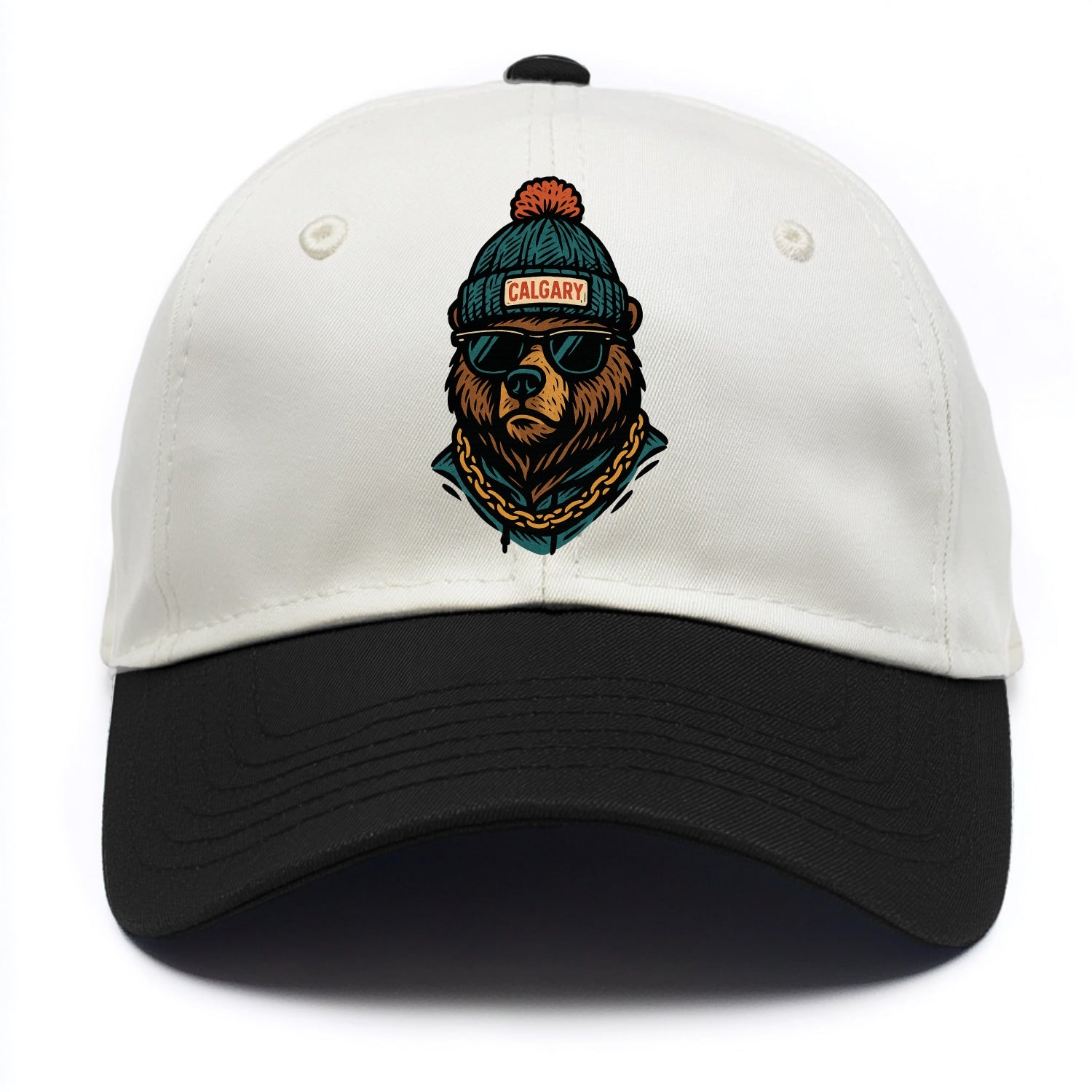 Calgary Grizzly Bear wearing Calgary beanie with pom pom and wayfarer sunglasses - Two Tone Cap - Black