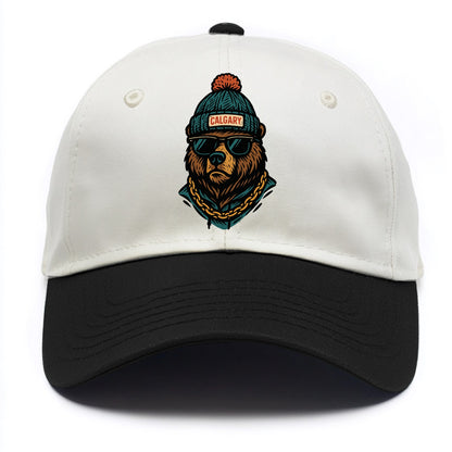 Calgary Grizzly Bear wearing Calgary beanie with pom pom and wayfarer sunglasses - Two Tone Cap - Black