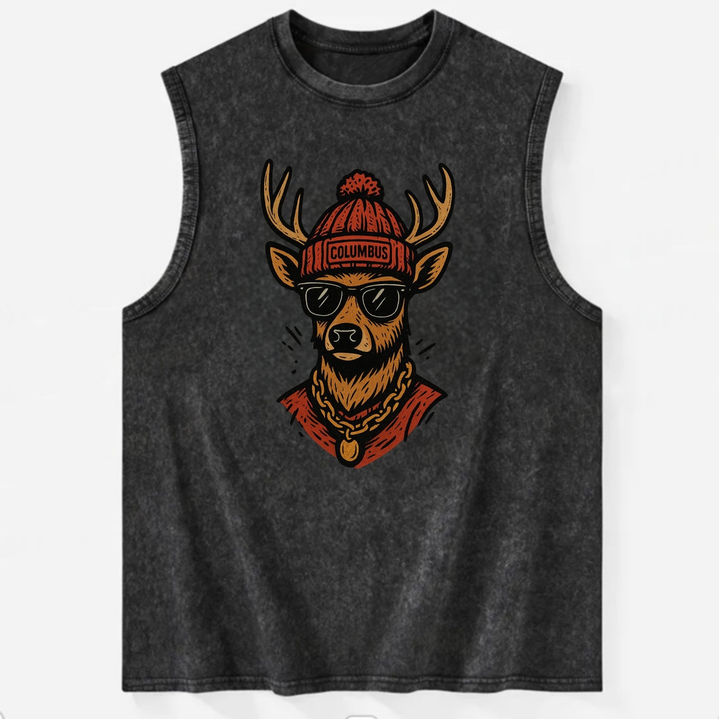 Columbus White-tailed Deer wearing Columbus beanie with pom pom and wayfarer - Vintage Washed Tank - Black
