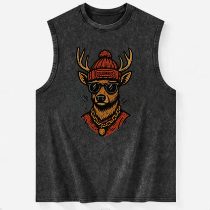 Columbus White-tailed Deer wearing Columbus beanie with pom pom and wayfarer - Vintage Washed Tank - Black