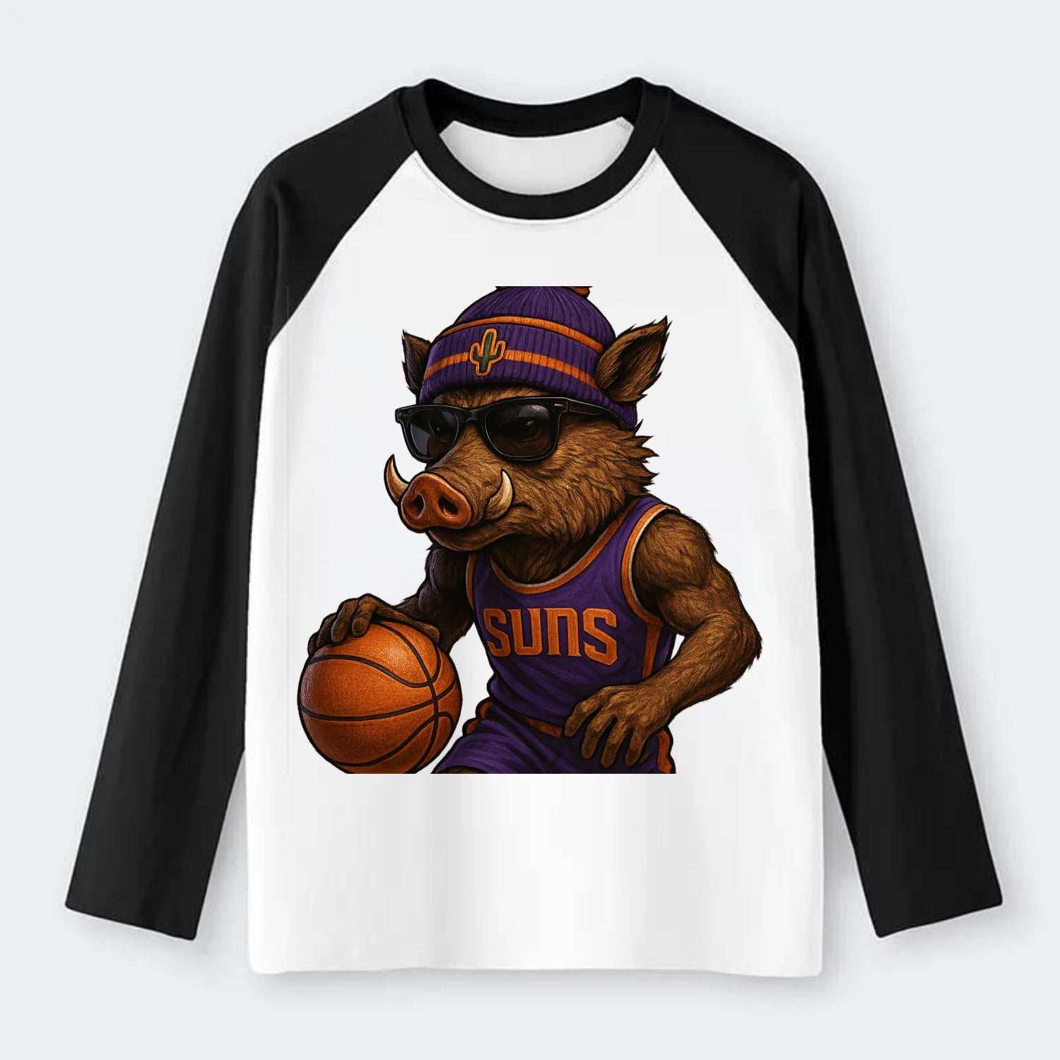 Phoenix Javelina wearing Suns beanie with cactus patch and wayfarer - Raglan Long Sleeve T-Shirt - Black