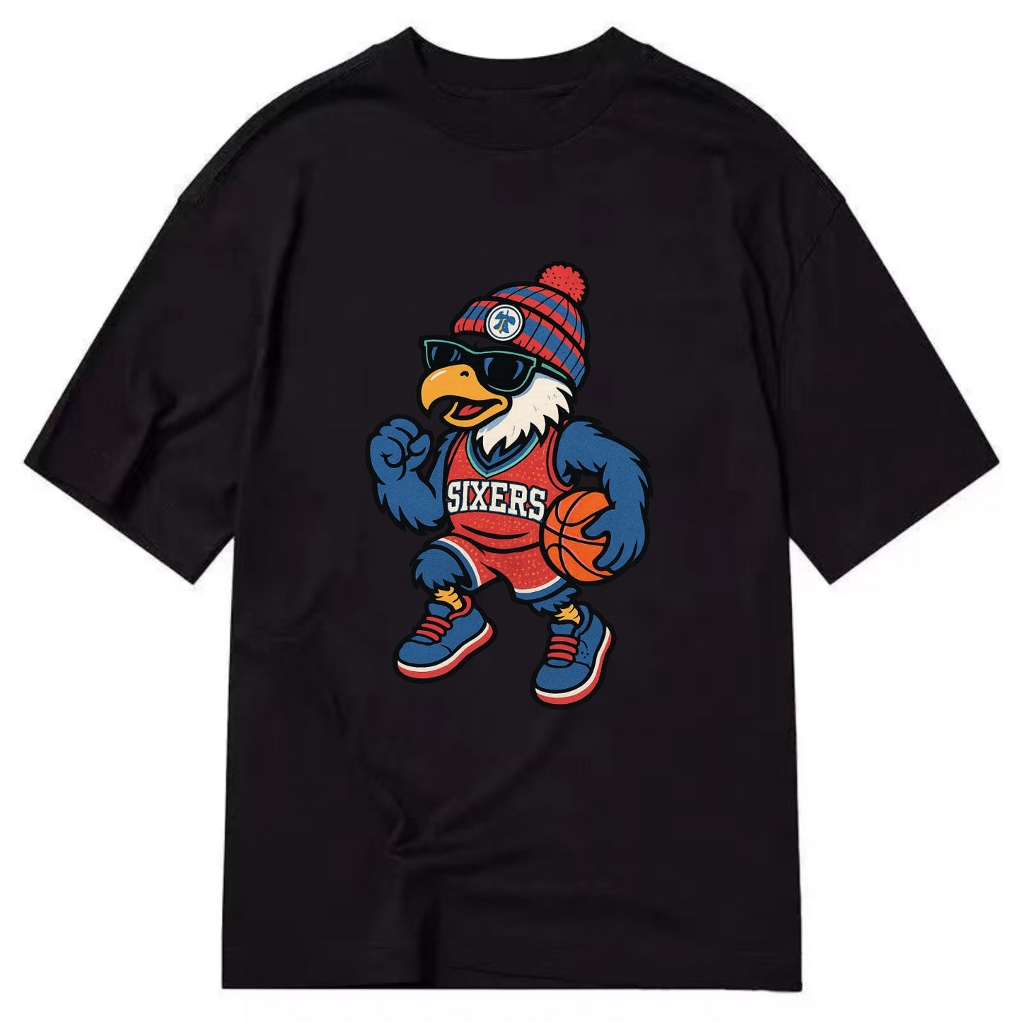 Philadelphia Eagle wearing 76ers red white and blue beanie with bell patch and - Classic T-shirt - Black