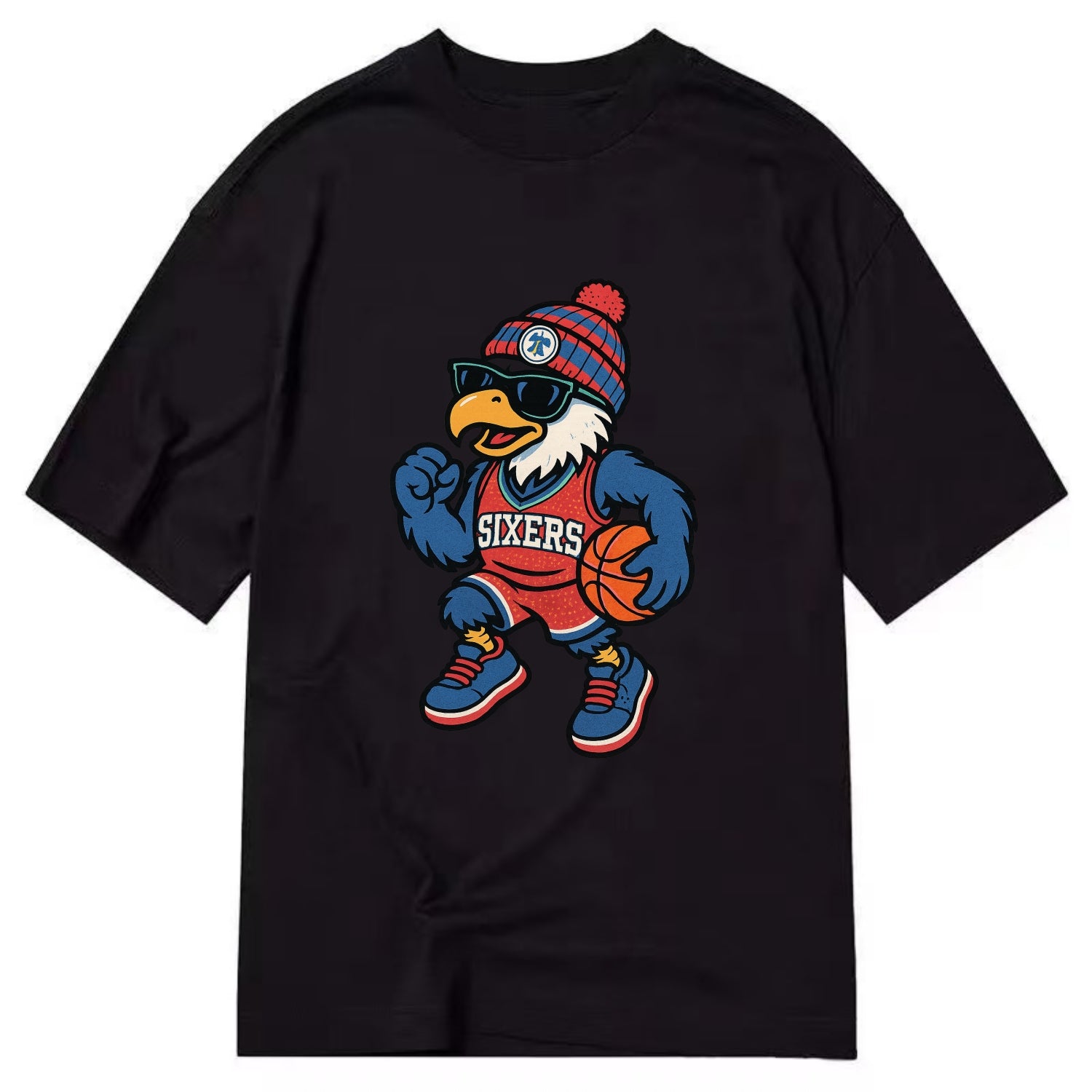 Philadelphia Eagle wearing 76ers red white and blue beanie with bell patch and - Classic T-shirt - Black