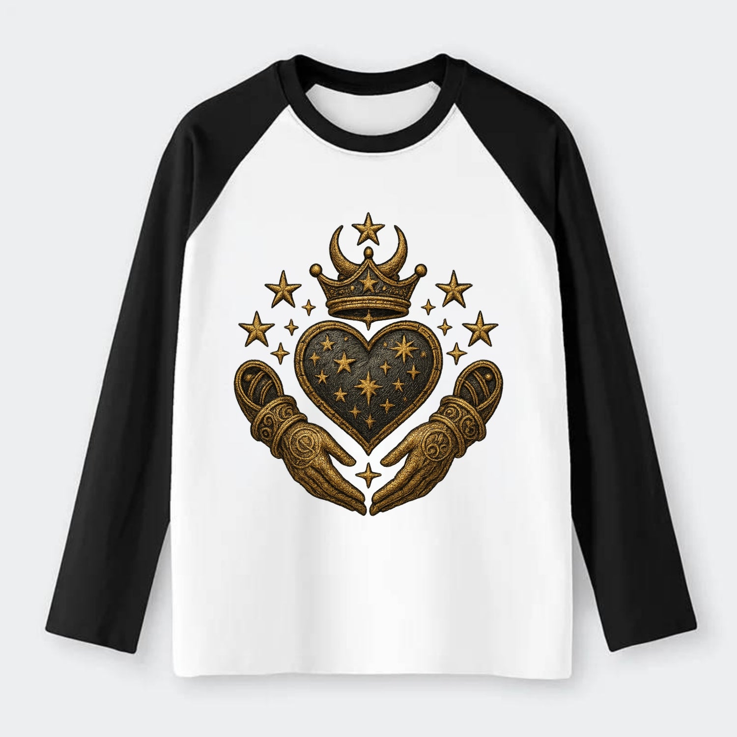 Weathered antique brass crown above a hammered gunmetal heart framed - Raglan Long Sleeve T-Shirt - Black