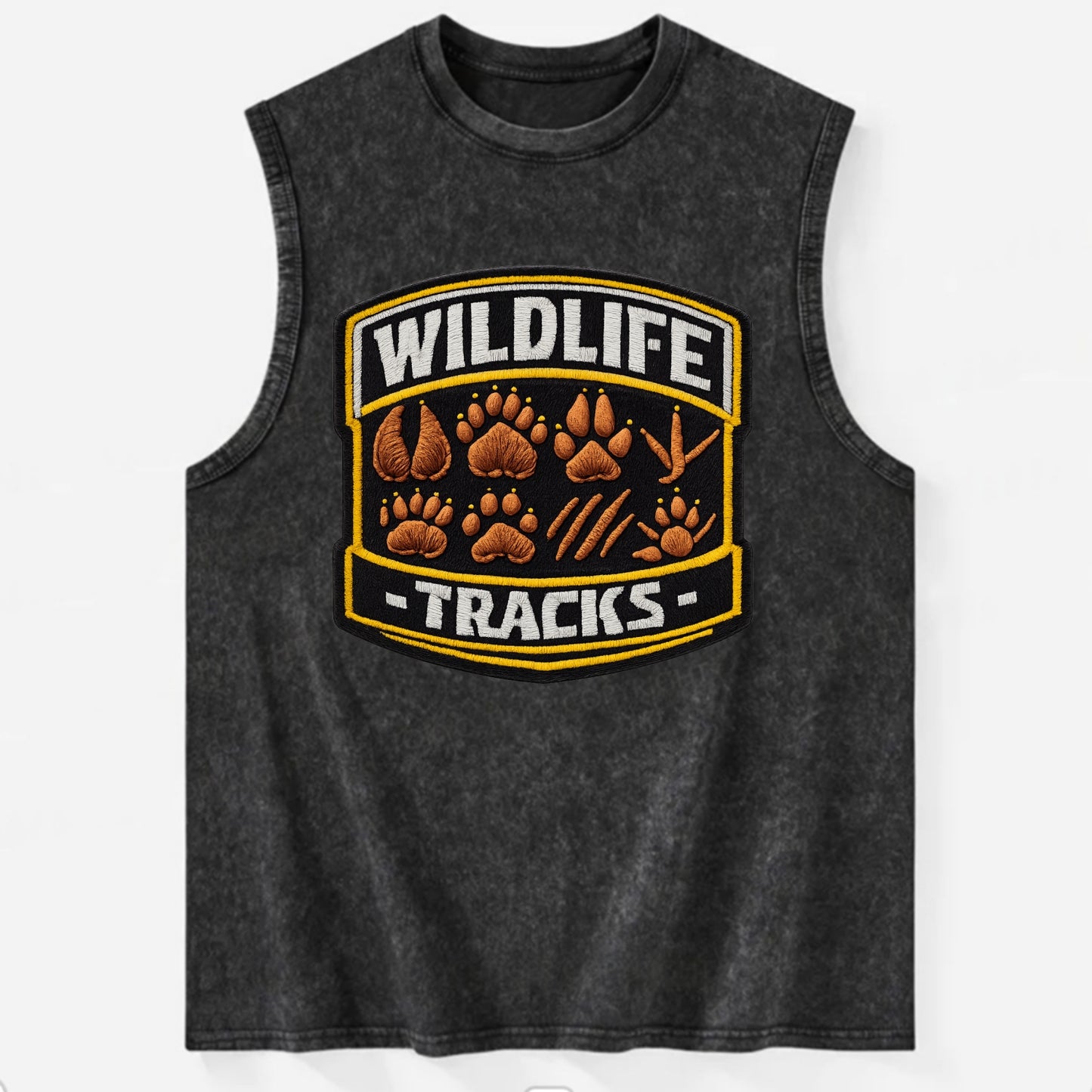 WILDLIFE TRACKS - animal footprints in brown , tracker - Vintage Washed Tank - Black