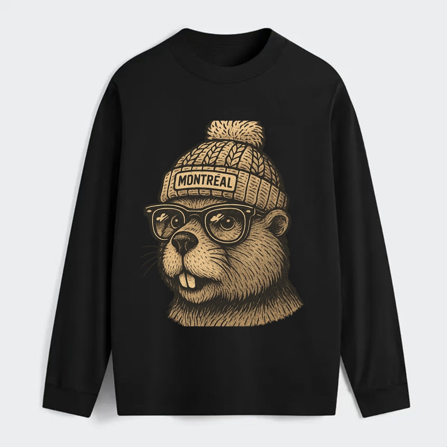 Montreal Beaver wearing Montreal beanie with pom pom and wayfarer - Classic Long Sleeve Shirt - Black