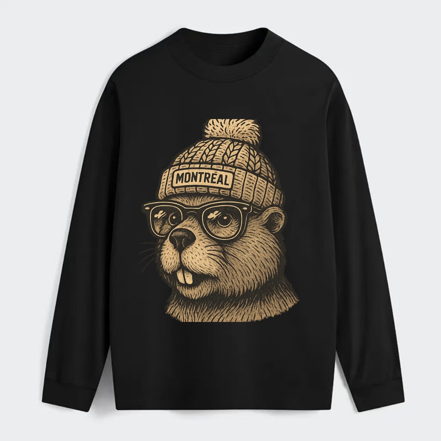 Montreal Beaver wearing Montreal beanie with pom pom and wayfarer - Classic Long Sleeve Shirt - Black