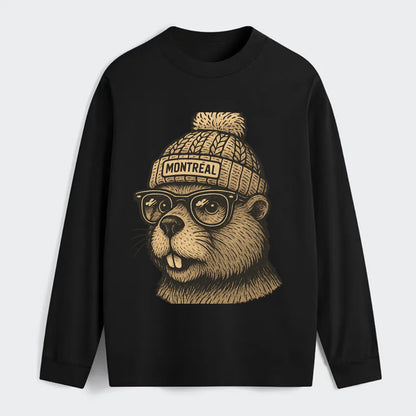 Montreal Beaver wearing Montreal beanie with pom pom and wayfarer - Classic Long Sleeve Shirt - Black
