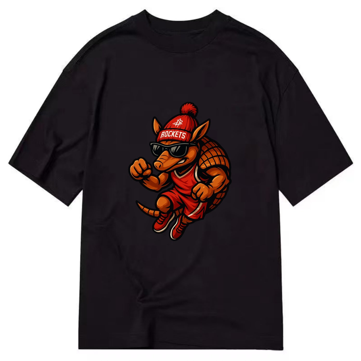 Houston Armadillo wearing Rockets red and silver beanie with rocket ship and - Classic T-shirt - Black