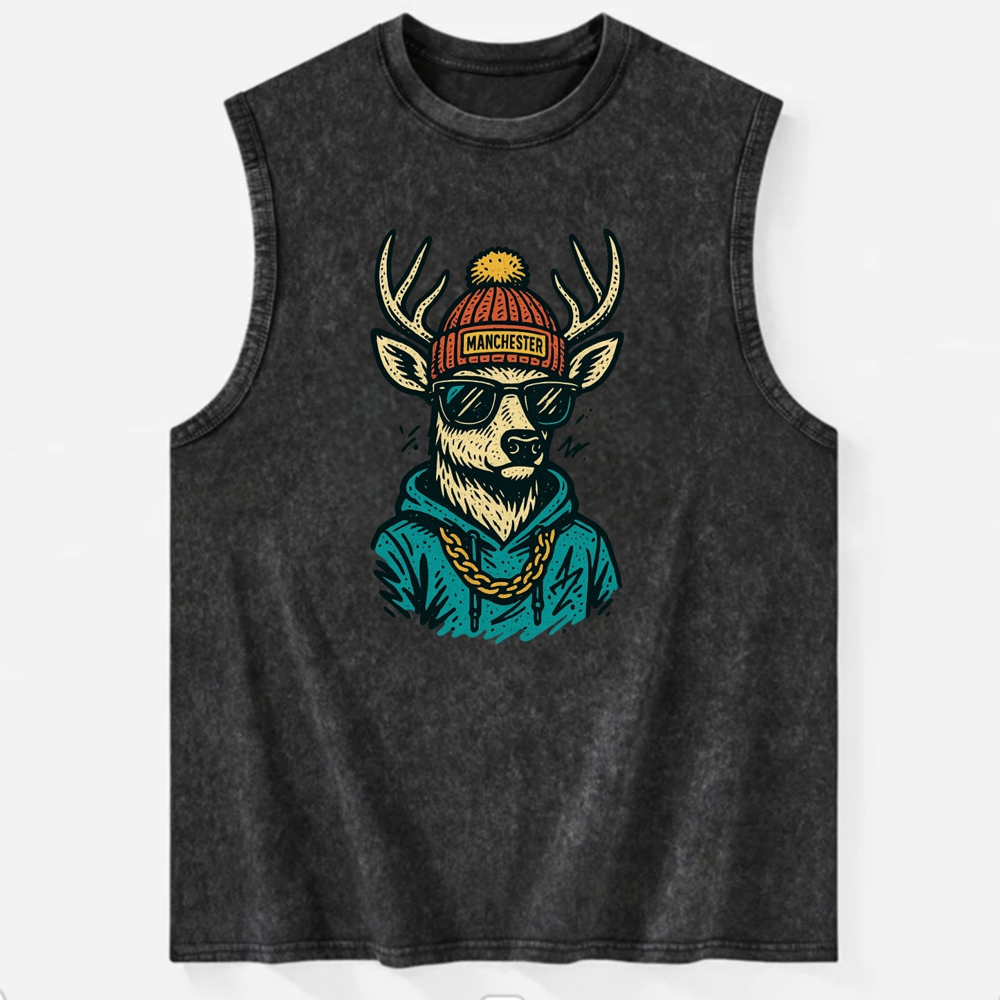 New Hampshire White-tailed Deer wearing Manchester beanie with pom pom and - Vintage Washed Tank - Black