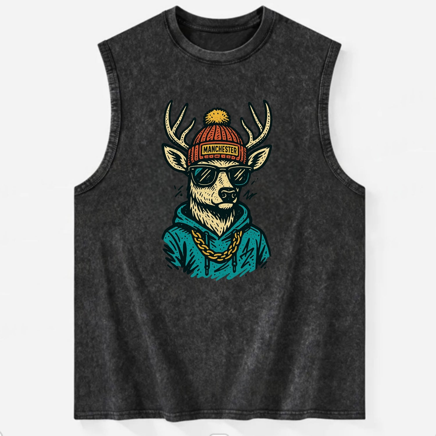 New Hampshire White-tailed Deer wearing Manchester beanie with pom pom and - Vintage Washed Tank - Black