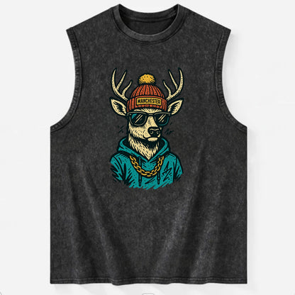 New Hampshire White-tailed Deer wearing Manchester beanie with pom pom and - Vintage Washed Tank - Black