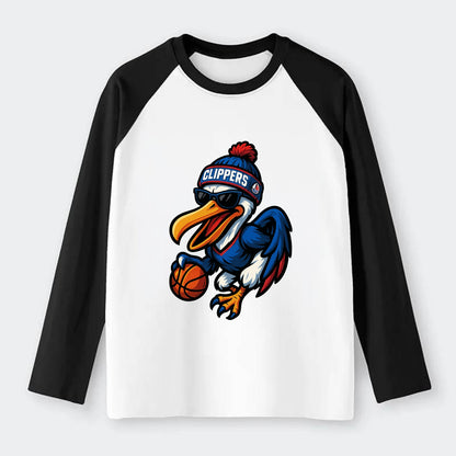Los Angeles Pelican wearing Clippers beanie with sailboat patch and - Raglan Long Sleeve T-Shirt - Black