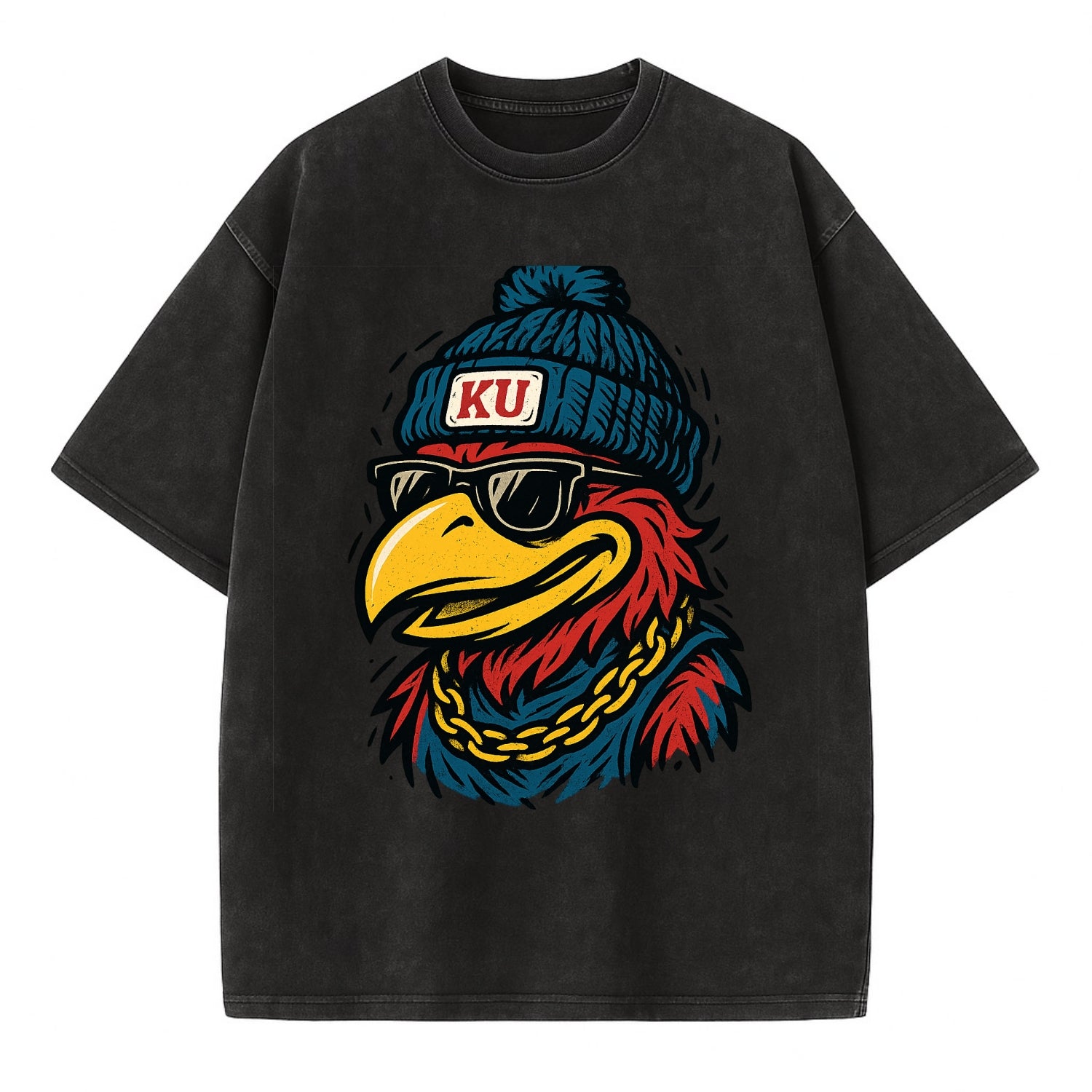Lawrence Jayhawk wearing Kansas beanie with KU patch - Vintage T-shirt - Black