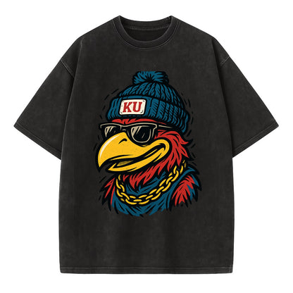 Lawrence Jayhawk wearing Kansas beanie with KU patch - Vintage T-shirt - Black