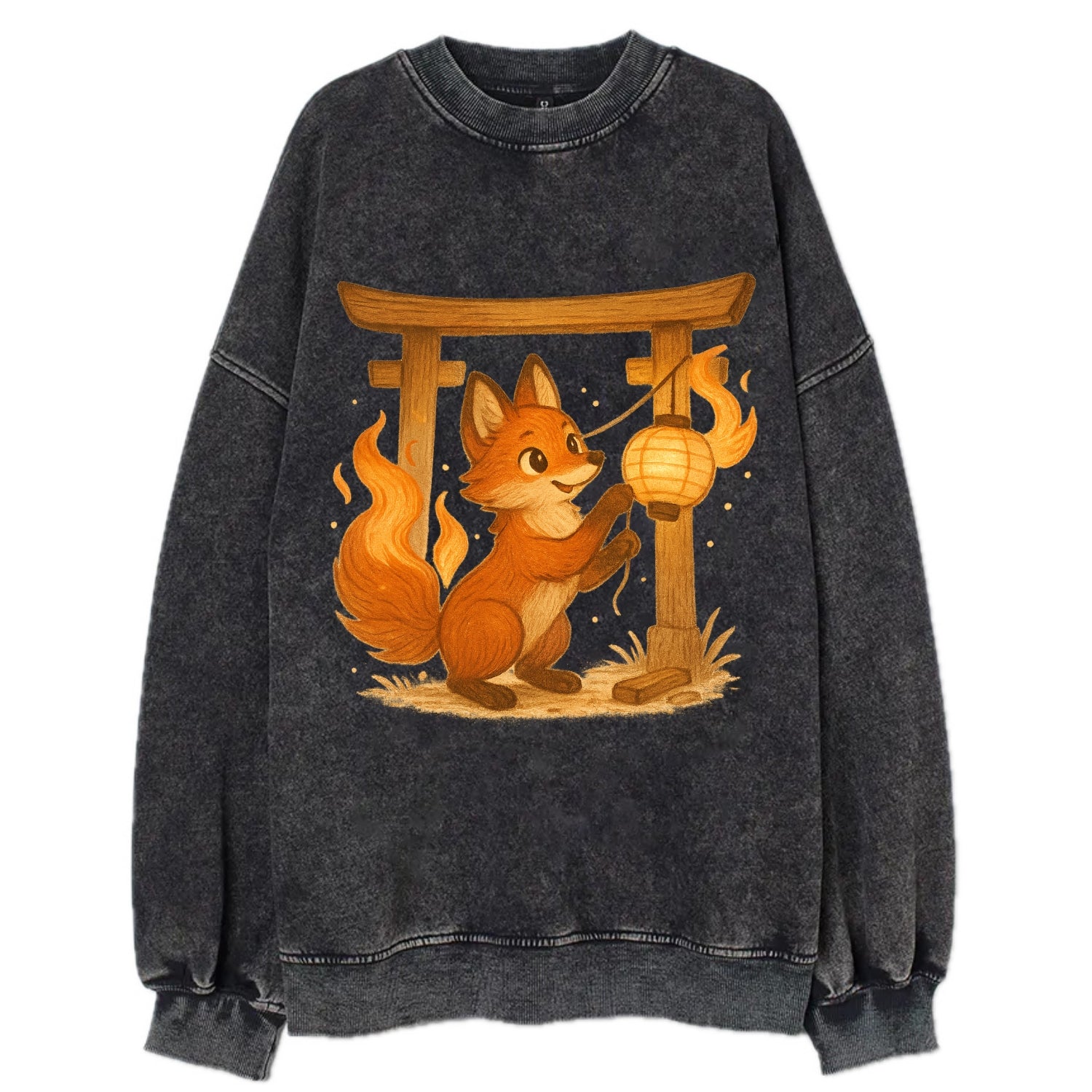 Foxfire kitsune stringing lanterns along a torii gate with tails of living - Vintage Sweatshirt - Black