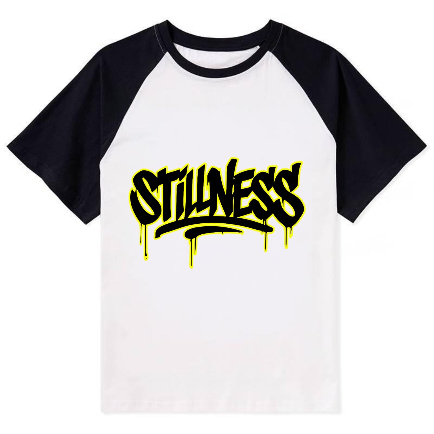 Bold typography design - "STILLNESS" - quiet power, peaceful presence - Contrast Raglan T-shirt - Black