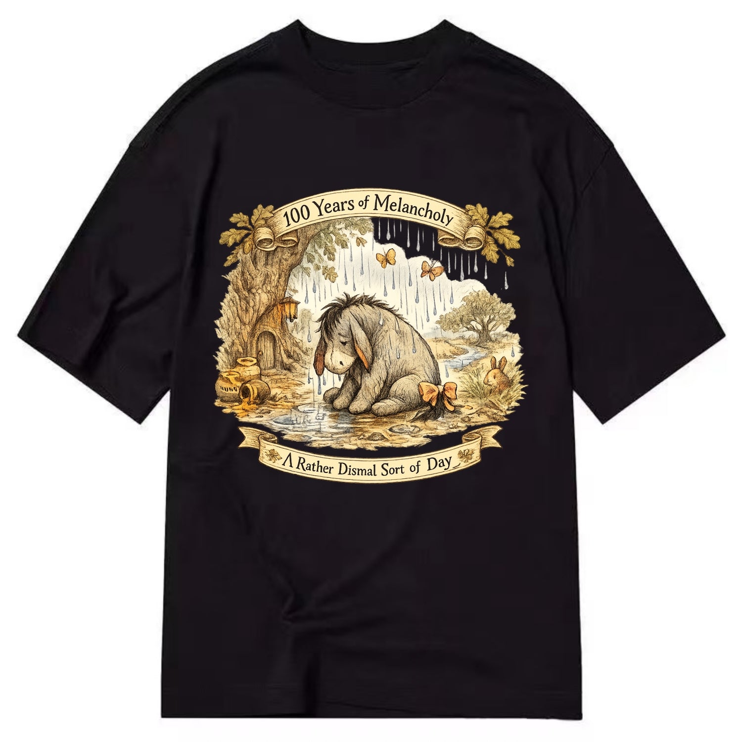 GLOOMY GLEN | Droopy figure in rain | Tattered tail bow | Pessimistic poetry | - Classic T-shirt - Black