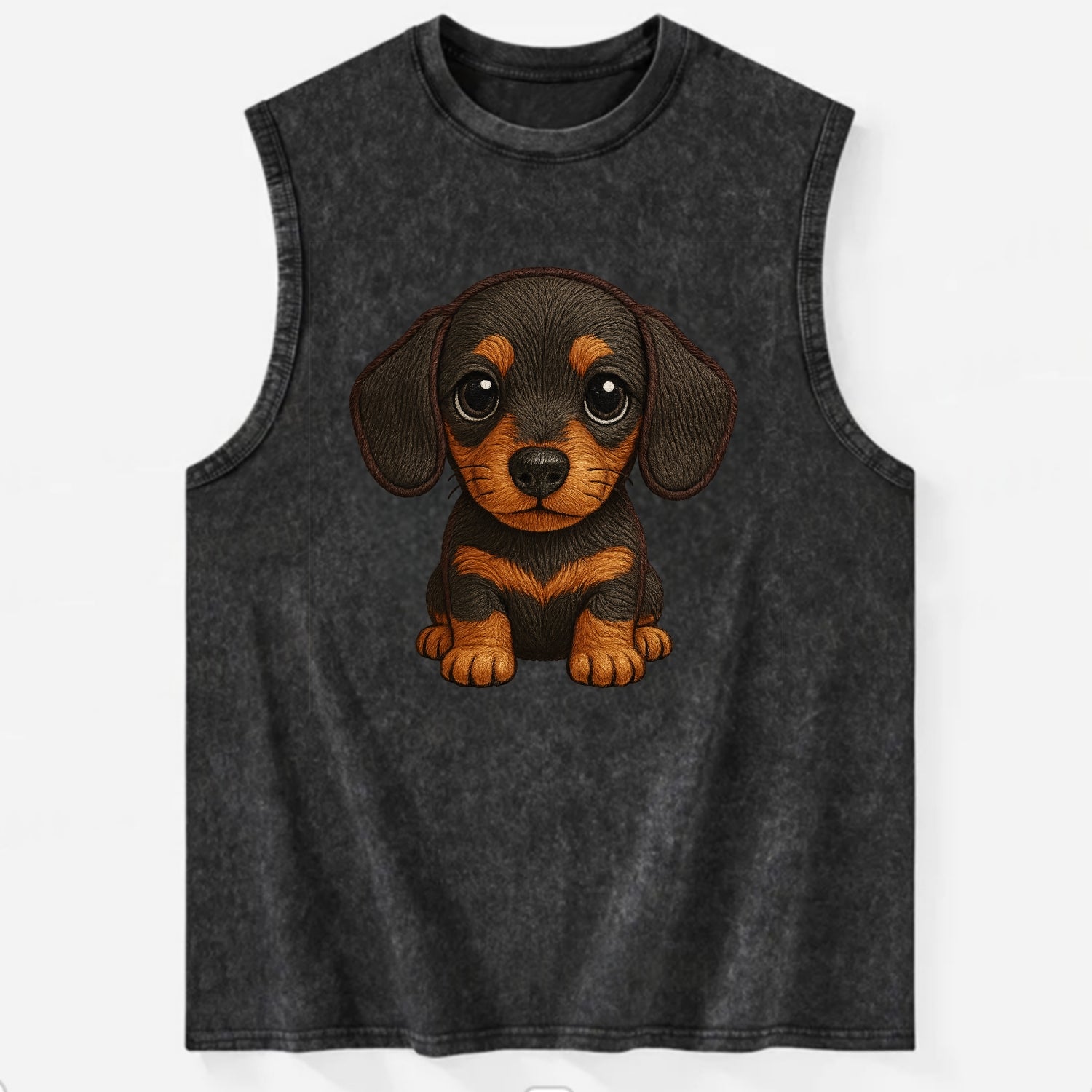 Baby Dachshund Puppy - long body, short legs, floppy ears, curious eyes, - Vintage Washed Tank - Black
