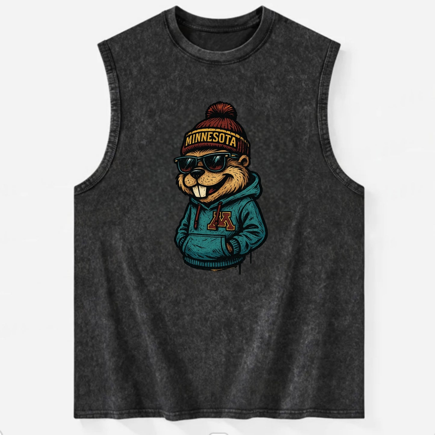 Minneapolis Gopher wearing Minnesota beanie with M patch - Vintage Washed Tank - Black