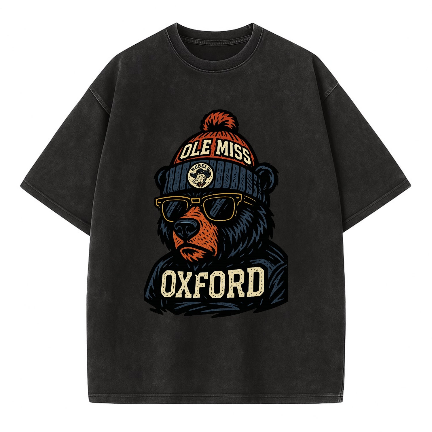 Oxford Black Bear wearing Ole Miss beanie with rebel patch - Vintage T-shirt - Black