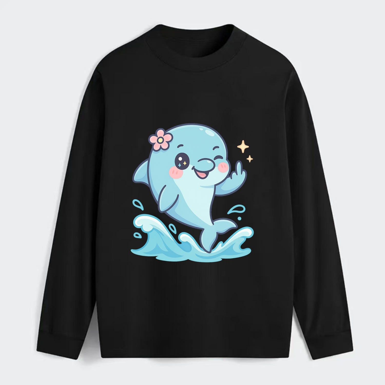 smiling dolphin jumping through ocean waves, one fin up with attitude - Classic Long Sleeve Shirt - Black