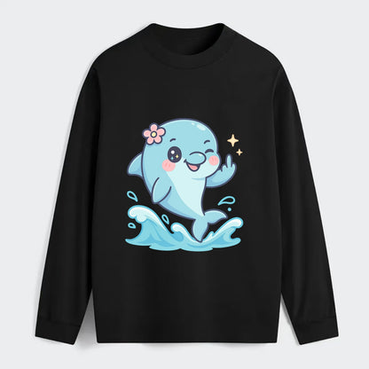 smiling dolphin jumping through ocean waves, one fin up with attitude - Classic Long Sleeve Shirt - Black