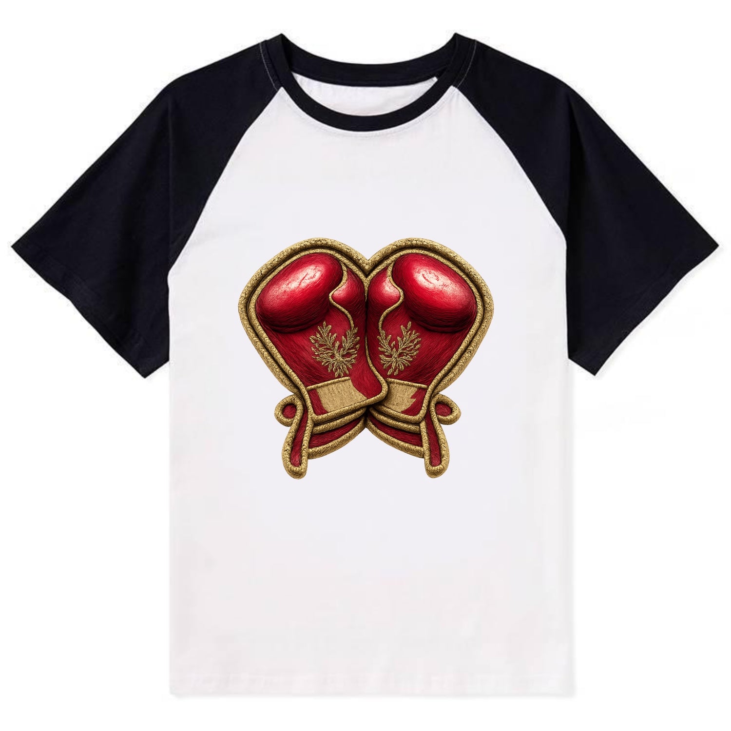 Embroidered patch design - BOXING GLOVES - red boxing gloves crossed in - Contrast Raglan T-shirt - Black