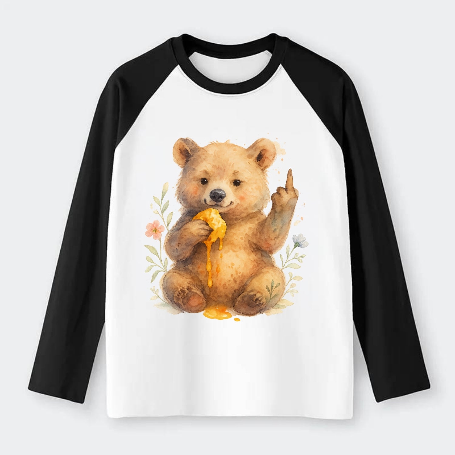 chubby bear cub eating dripping honey, sticky paw up with middle finger - Raglan Long Sleeve T-Shirt - Black