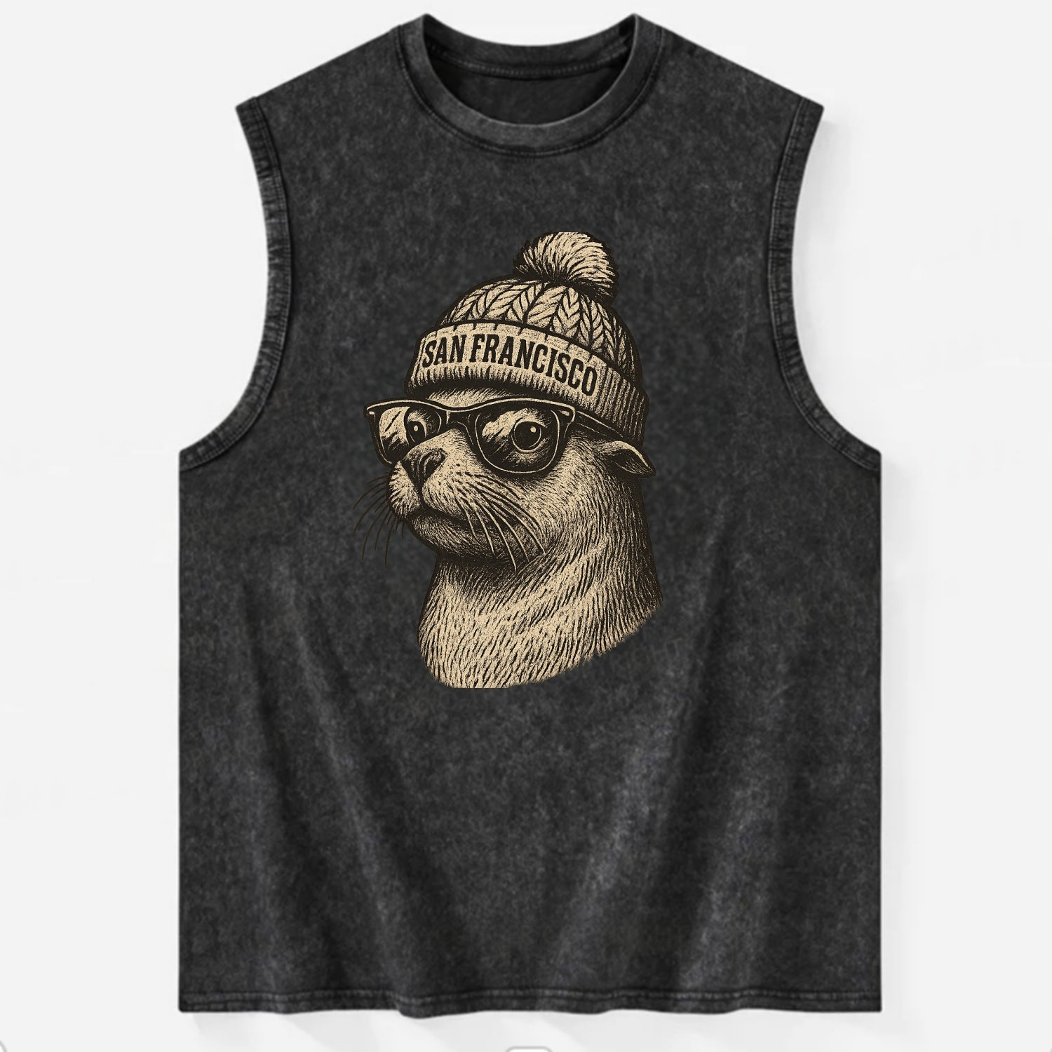 San Francisco Sea Lion wearing San Francisco beanie with pom pom and wayfarer - Vintage Washed Tank - Black