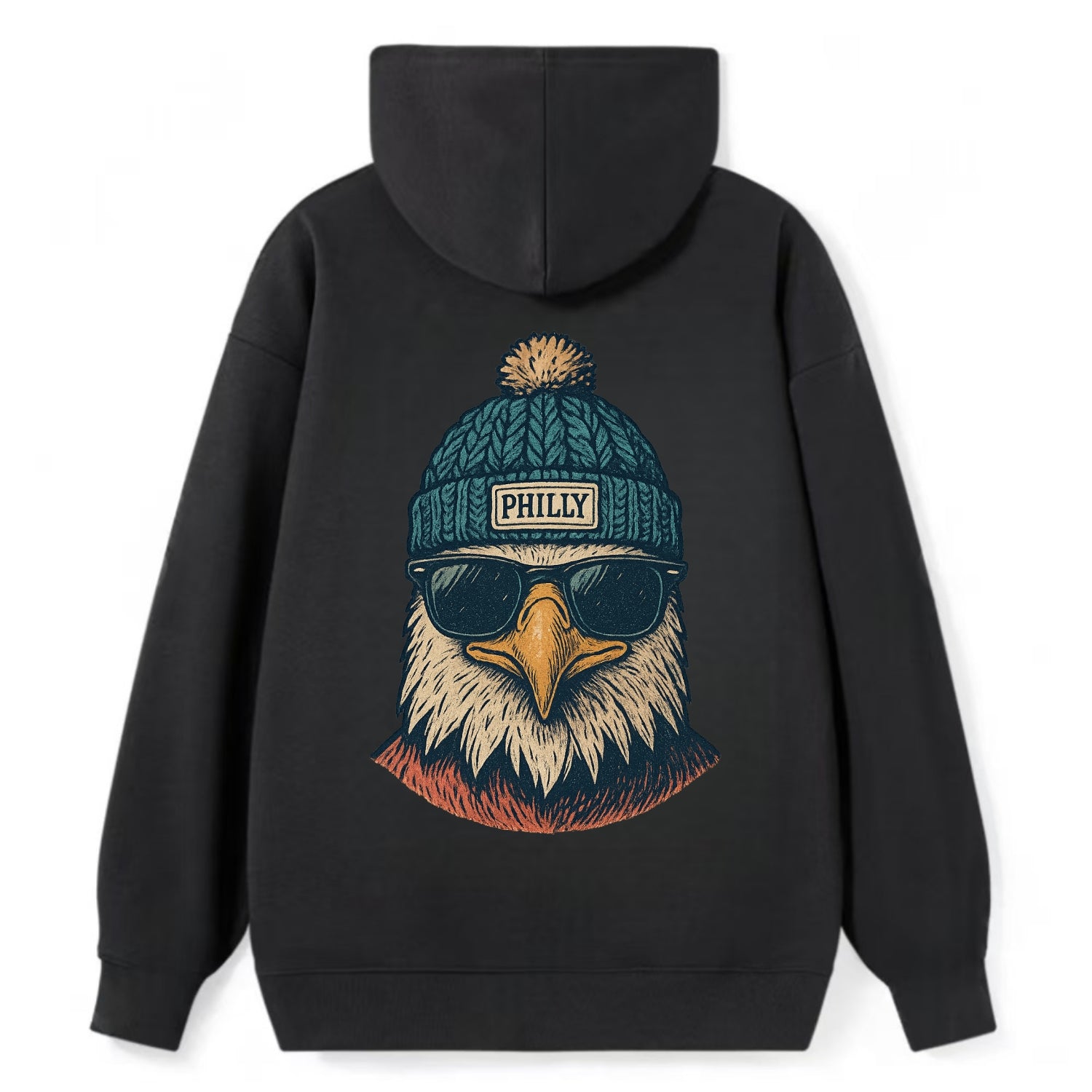 Philadelphia Eagle wearing Philly beanie with pom pom and wayfarer - Classic Pullover Hoodie - Black