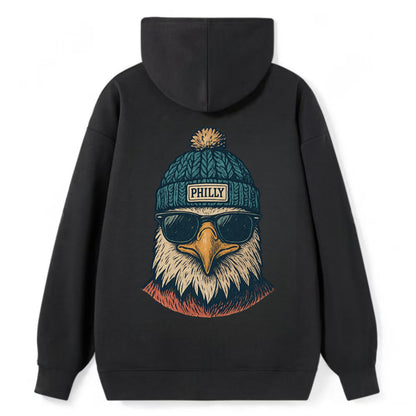 Philadelphia Eagle wearing Philly beanie with pom pom and wayfarer - Classic Pullover Hoodie - Black