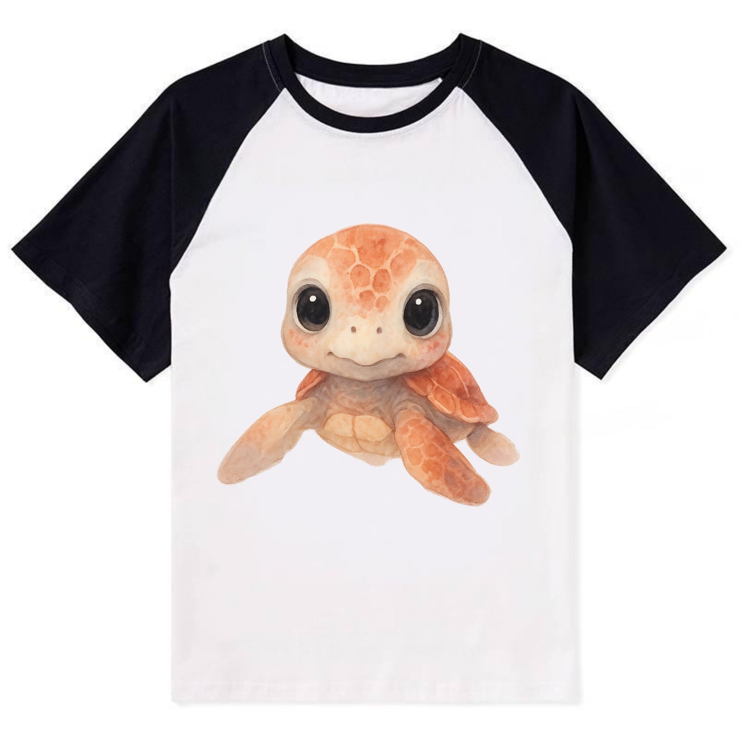 Baby Loggerhead Turtle - reddish-brown shell, big round dark eyes, chunky - Contrast Raglan T-shirt - Black