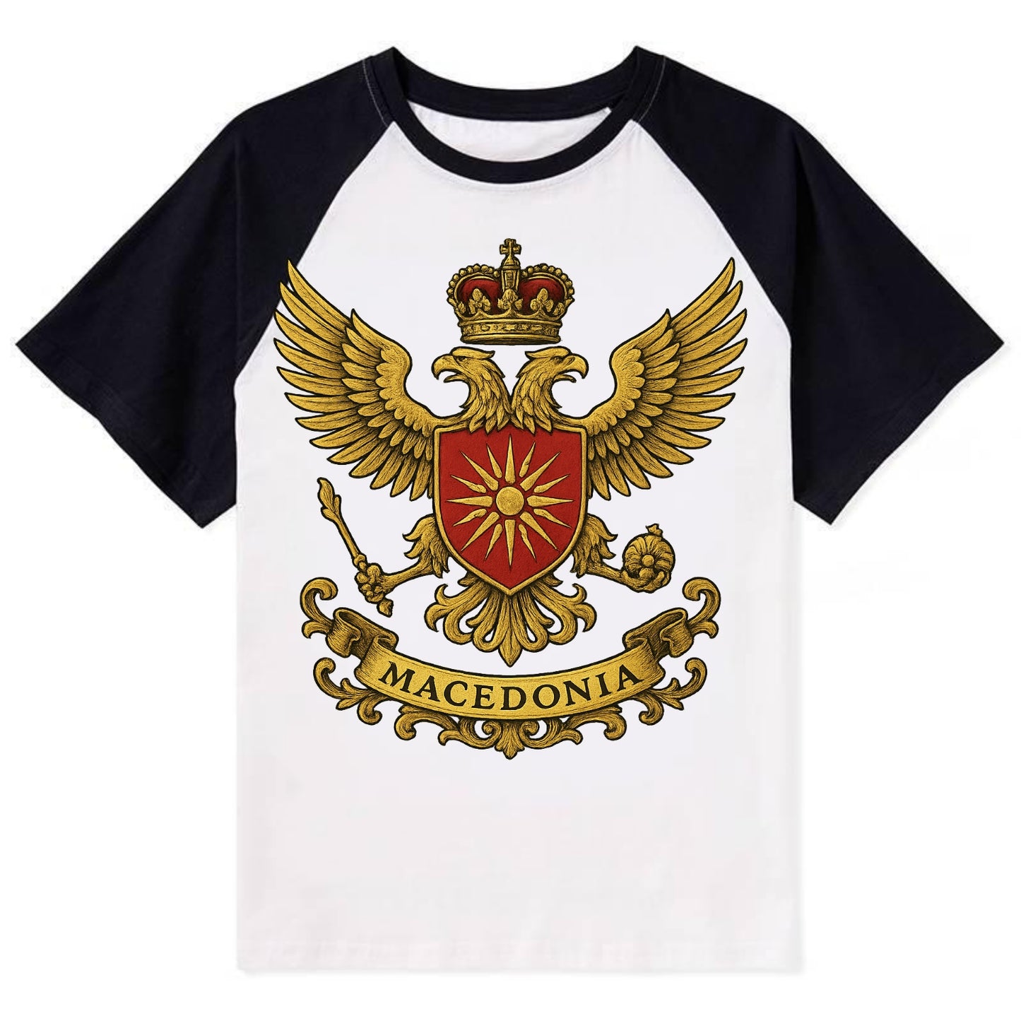 Macedonia Heritage Badge - Contrast Raglan T-shirt - Black